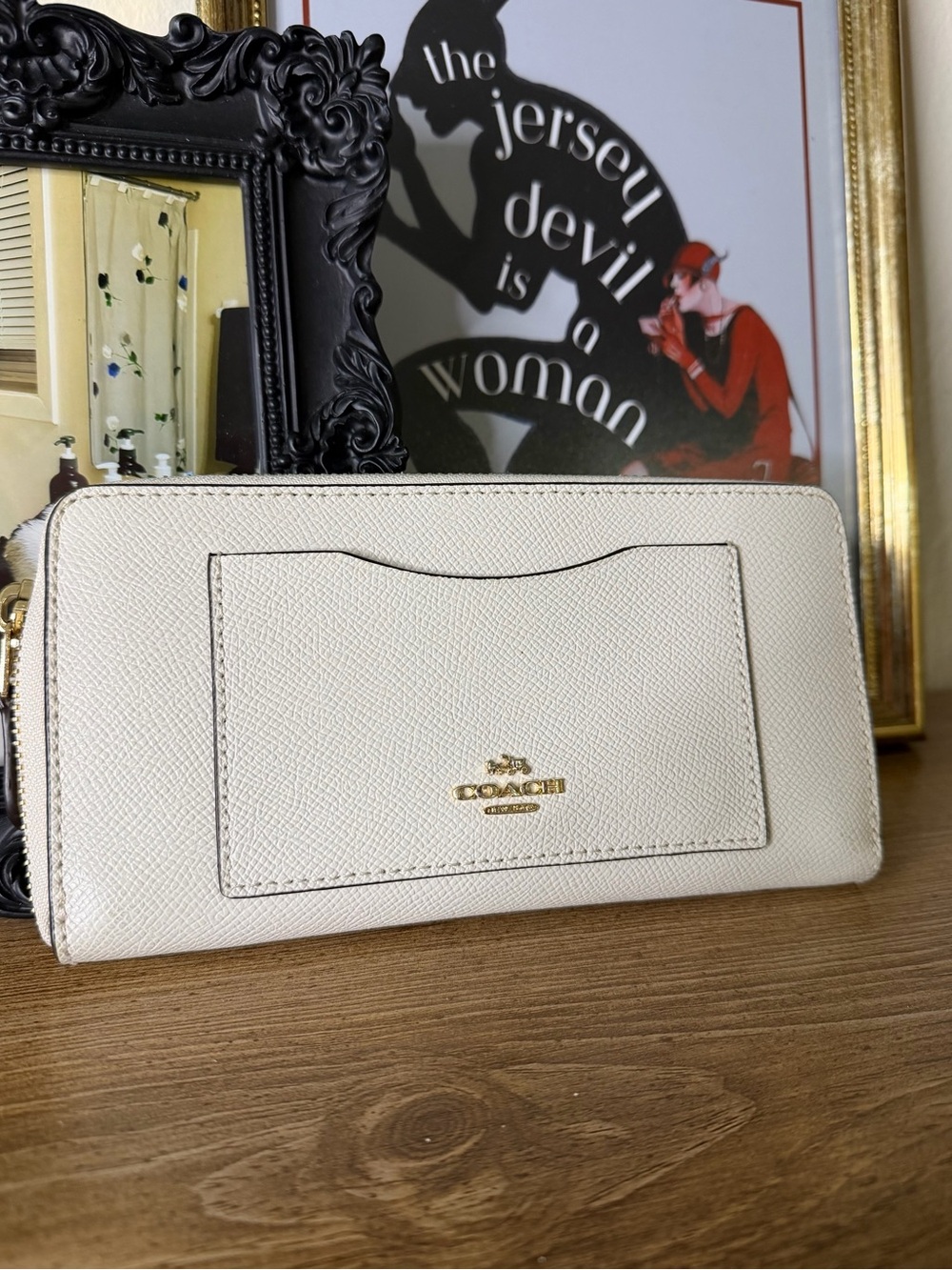 Coach Cream Zip-Around Leather Wallet with Gold Logo